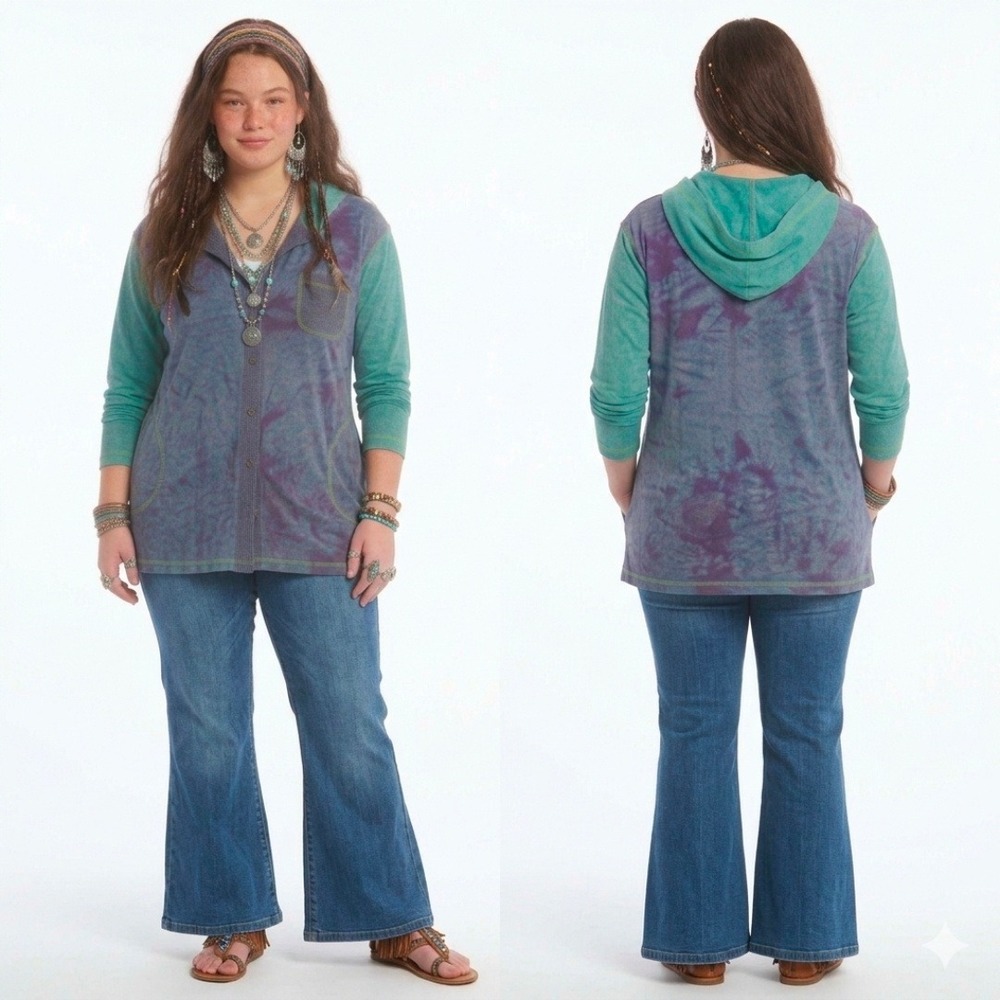Carole Little Blue Tie Dye Hooded Cardigan Size 18W Boho Contrast Stitch Hooded